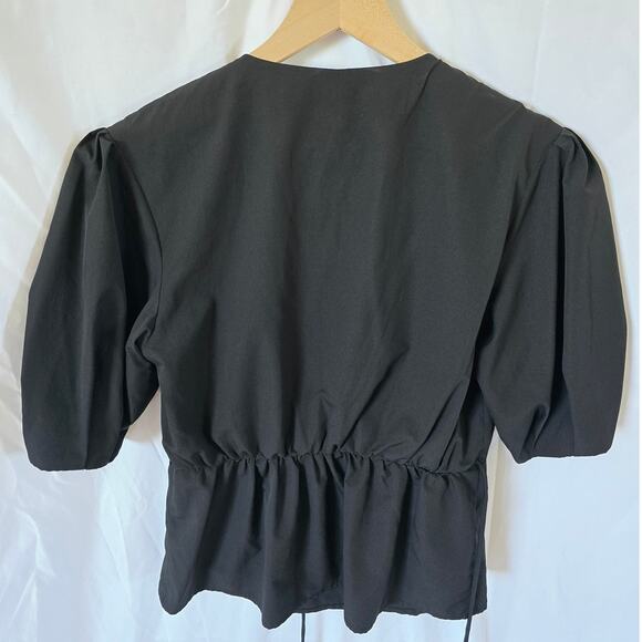 Rebecca Minkoff Mary Wrap Blouse Size XS Black Crepe Puff Sleeve V-Neck - Picture 3 of 4